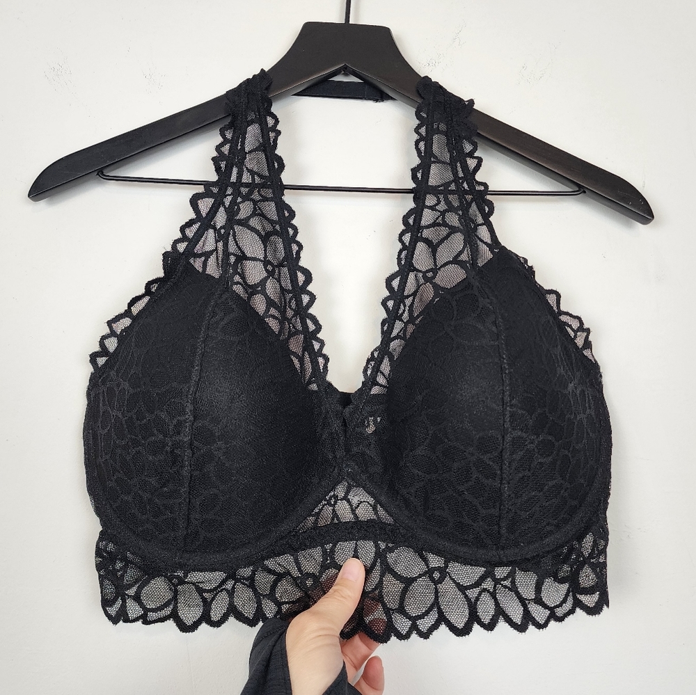 Victoria's Secret PINK Black Lace Floral Halter Bralette Size Large